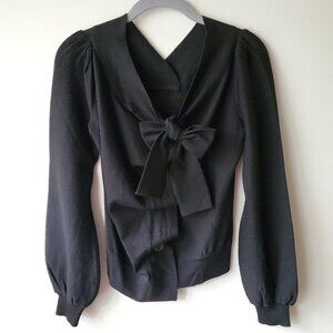 Black Button-Front Knit Sweater with a Bow